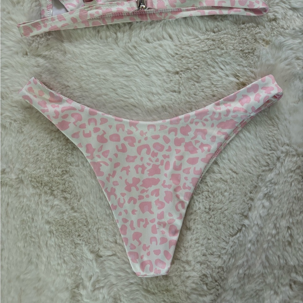 ZAFUL - Pink and White Leopard Print Ribbed Bikini Set - Picture 7 of 8